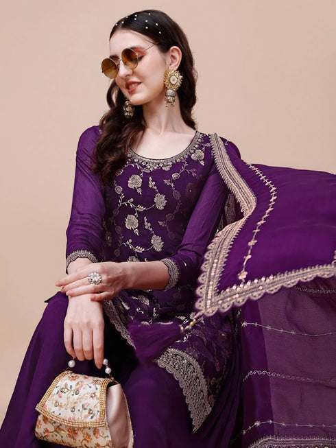 Lavender Viscose Chinon Sharara Suit Acy6937 Back View